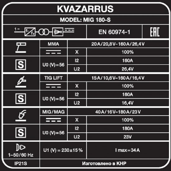 Сварочный полуавтомат KVAZARRUS MIG 180-S