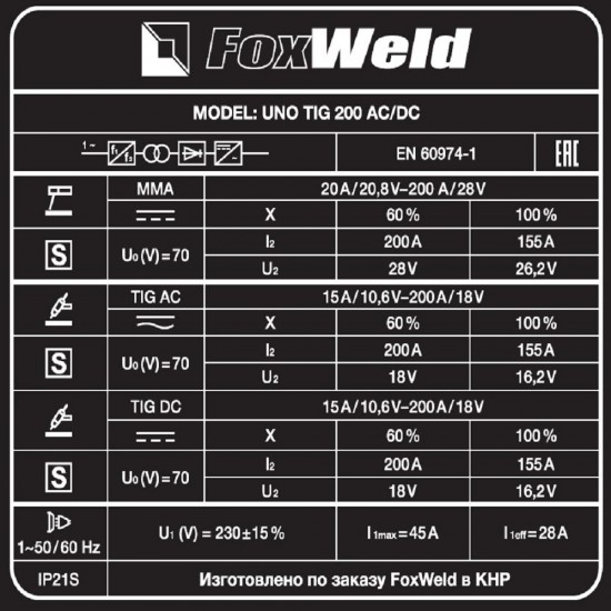 Аппарат аргонодуговой сварки UNO TIG 200 AC/DC